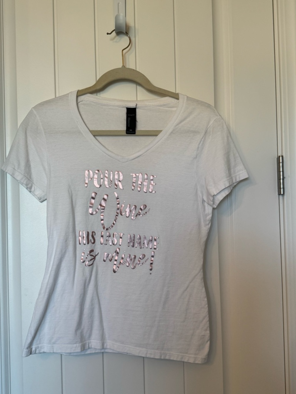 Hanes White V-Neck Tee with Pink Metallic Script